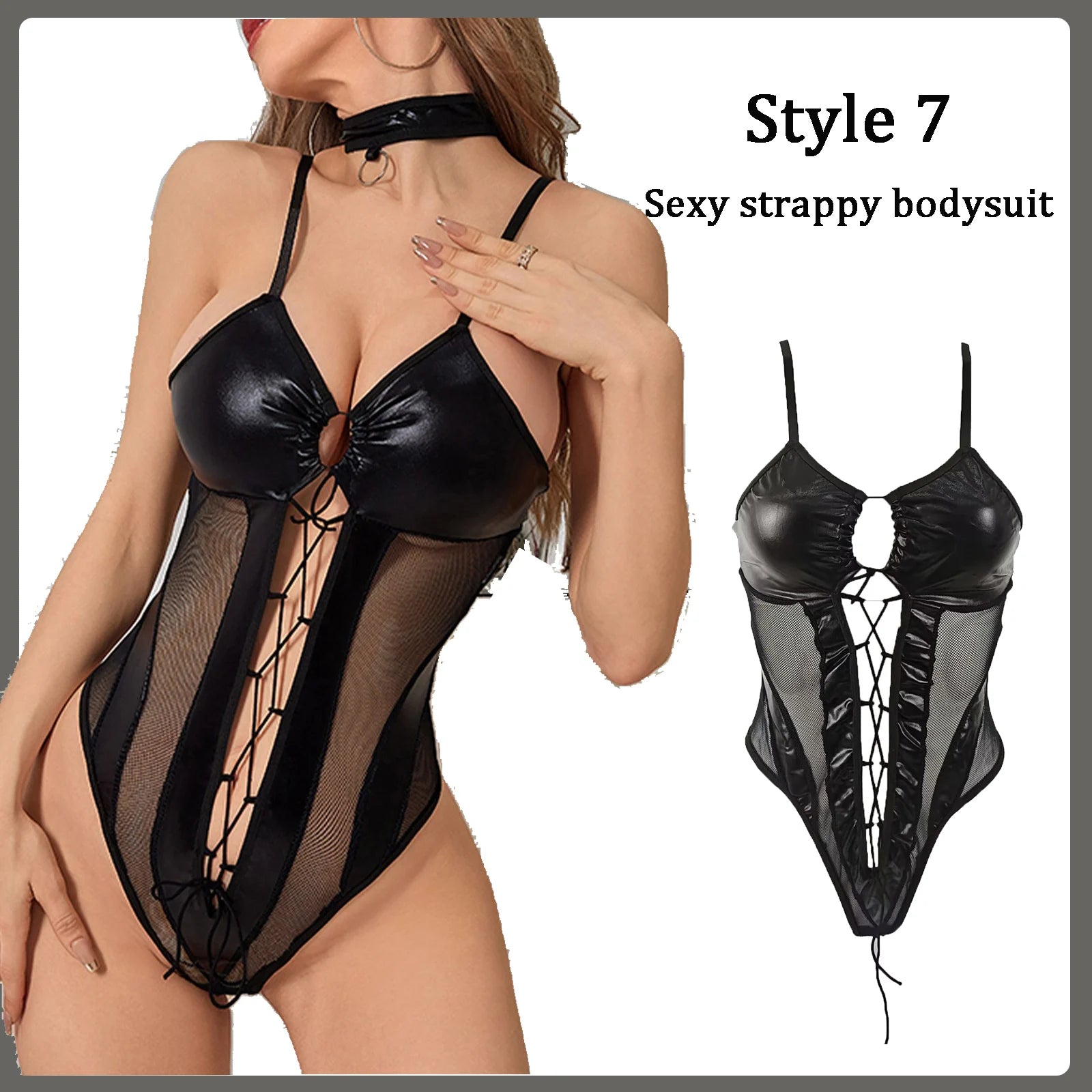 Damen PU-Leder-Bodysuit Erotische Dessous Reizwäsche mit Spitze Babydoll