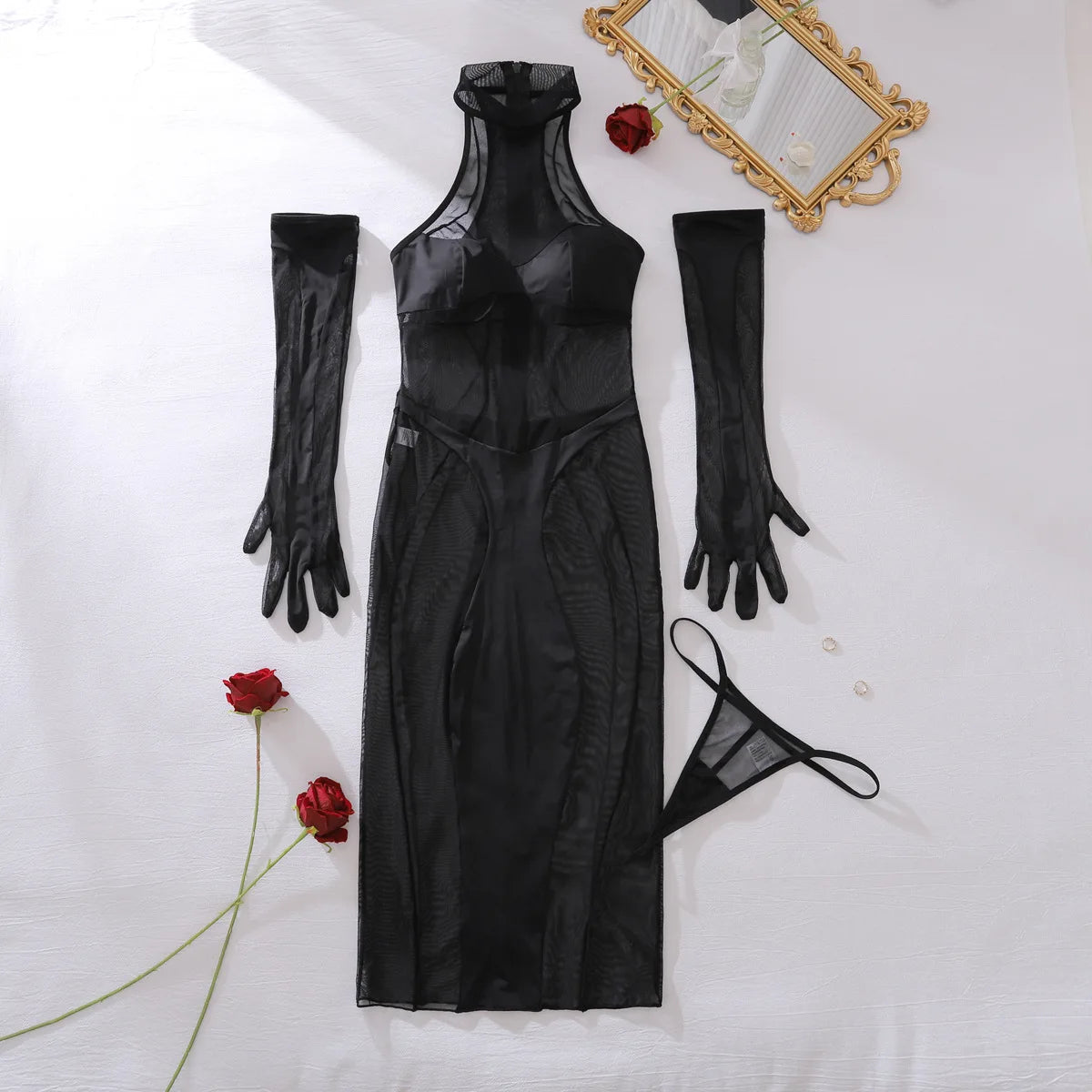 Sexy Erotisches Dessous Set für Damen - Transparent mit Spitze und Handschuhen