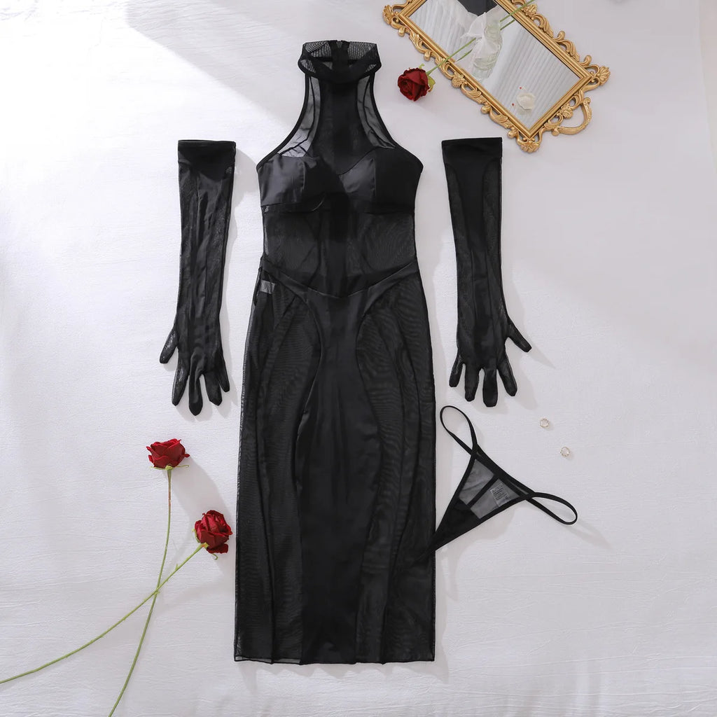 Transparente erotische schwarze Spitze Dessous Set – Sexy durchsichtiges Kleid mit langen Ärmeln und Schlitzen für Damen