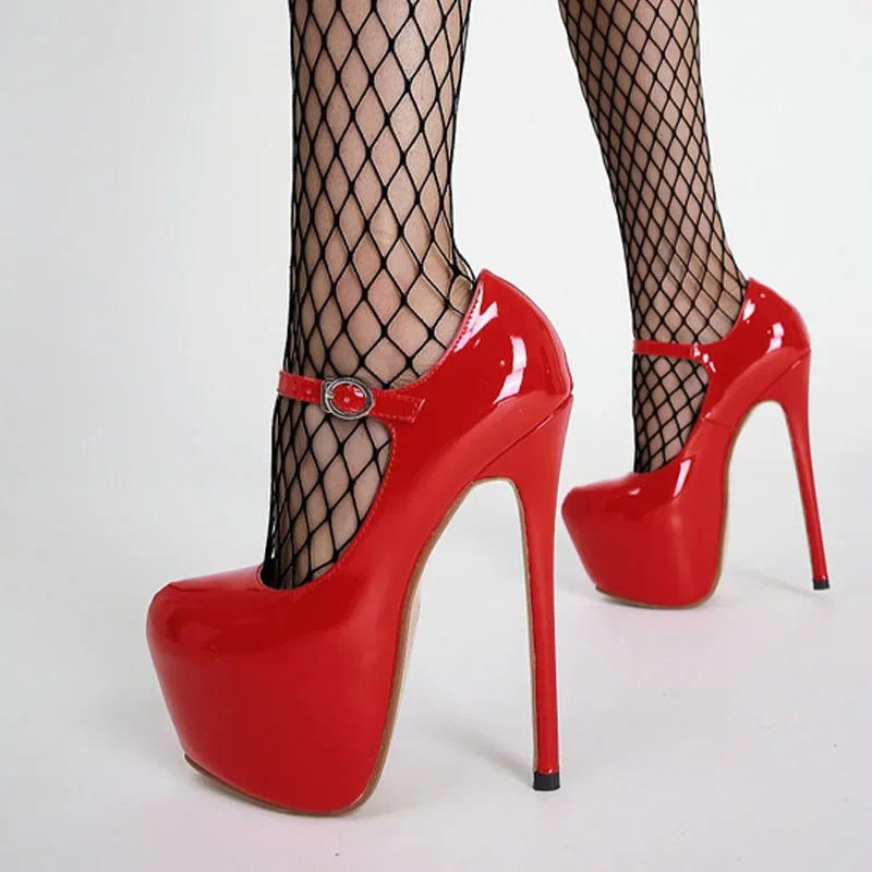 Superhohe High Heels 17 cm für Damen - Plateau-Pumps aus schwarzem und rotem Lackleder, Frühling Herbst