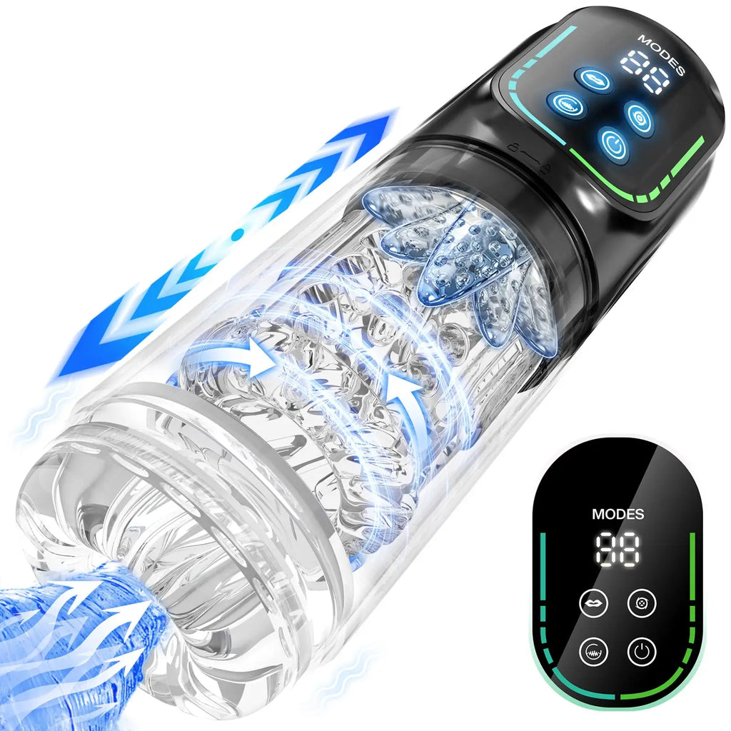 Automatischer männlicher Masturbator mit Saugfunktion, Leckfunktion, 7 Stoß- und Rotationsbewegungen – Becher mit LCD-Anzeige