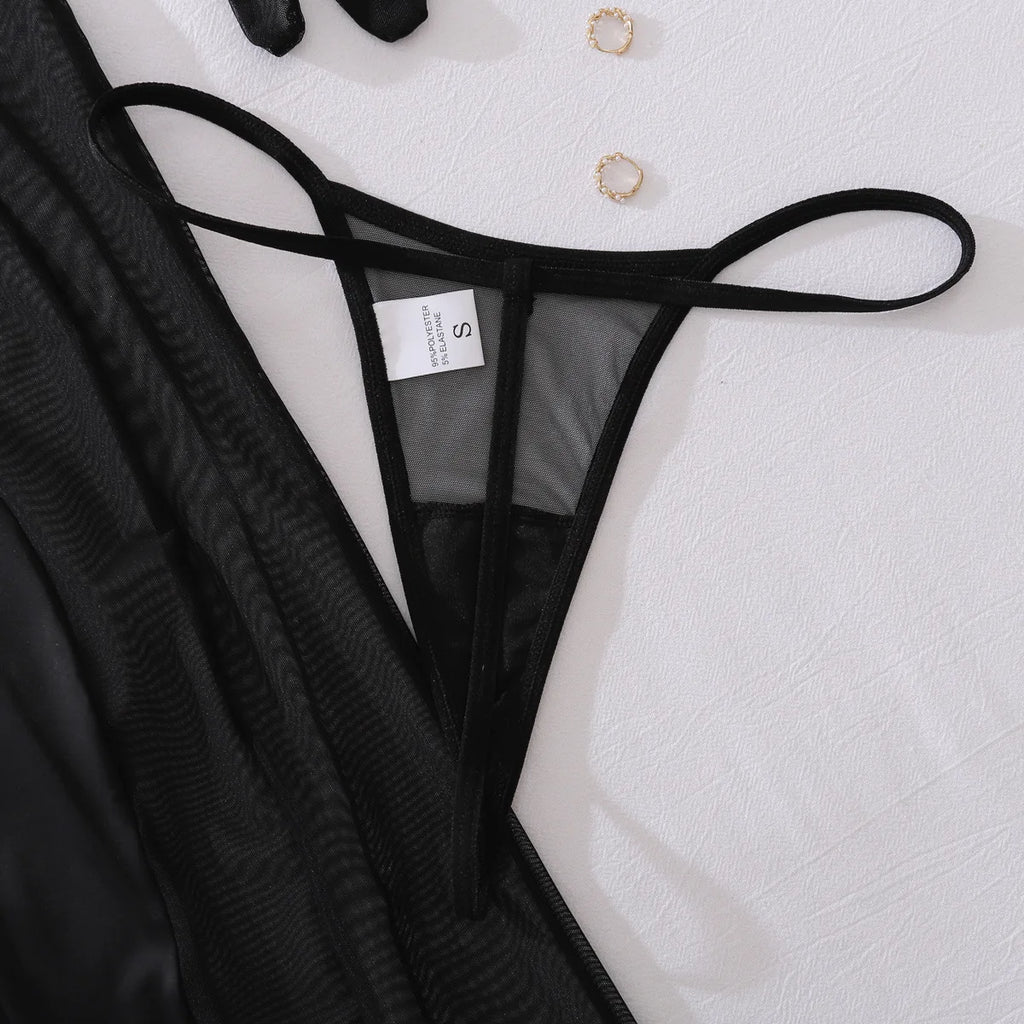 Transparente erotische schwarze Spitze Dessous Set – Sexy durchsichtiges Kleid mit langen Ärmeln und Schlitzen für Damen