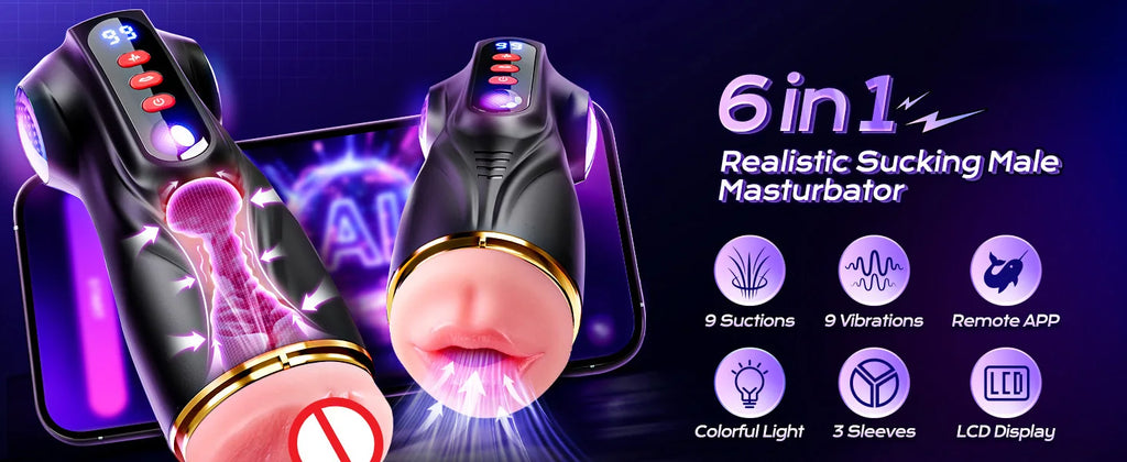 Masturbador Masculino Inteligente con App AI - 3 Fundas Realistas, 9 Modos de Succión y Vibración