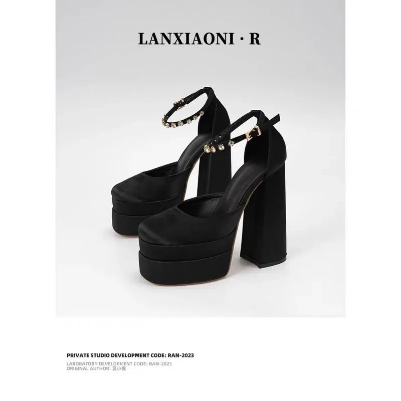 Zapatos de Boda para Mujeres - Tacones Gruesos Altos Sexys con Plataforma y Hebilla