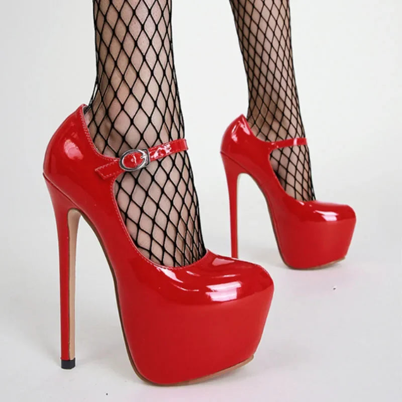 Superhohe High Heels 17 cm für Damen - Plateau-Pumps aus schwarzem und rotem Lackleder, Frühling Herbst