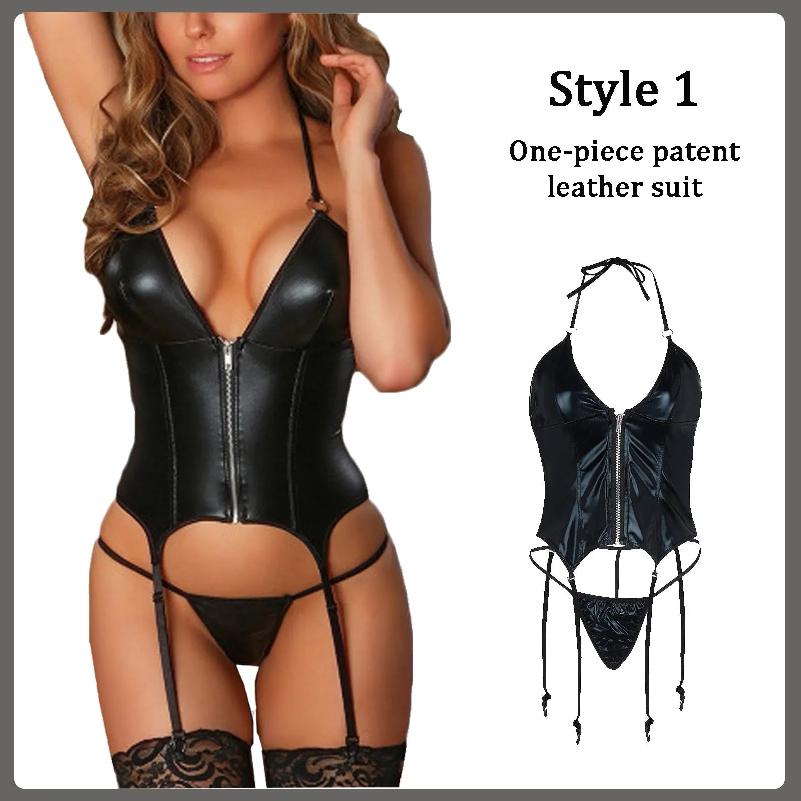 Damen PU-Leder-Bodysuit Erotische Dessous Reizwäsche mit Spitze Babydoll