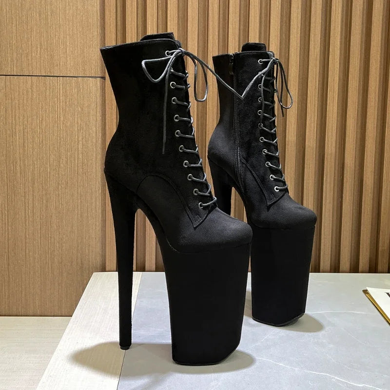 Sexy Stiefeletten für Damen – Super hohe Stilettoabsätze 26 cm, Plateau, runde Spitze und Schnürung
