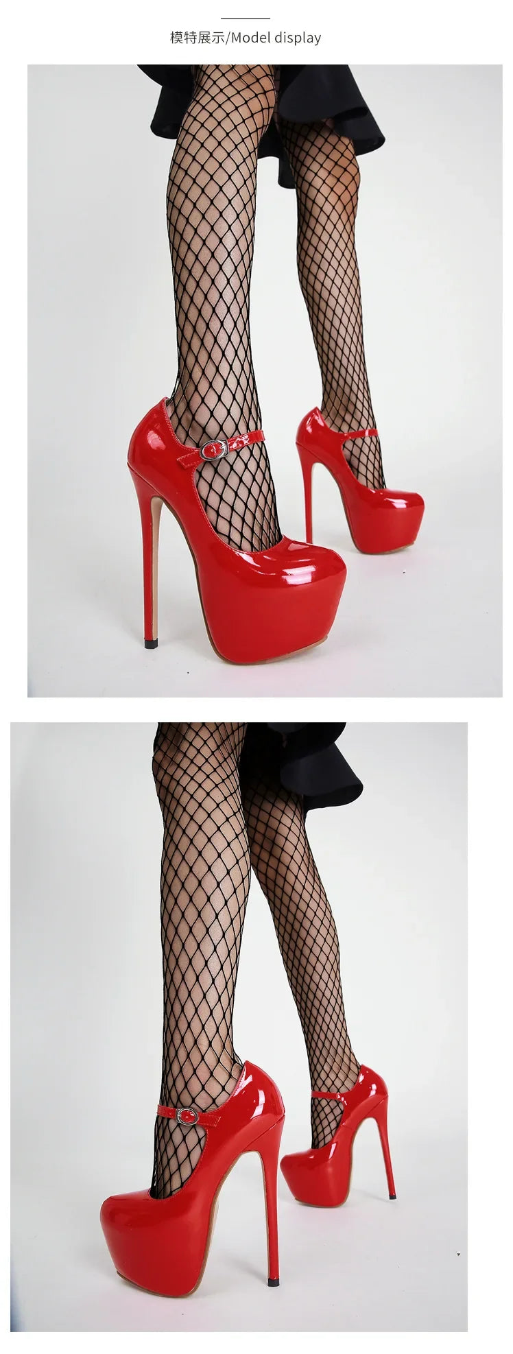 Superhohe High Heels 17 cm für Damen - Plateau-Pumps aus schwarzem und rotem Lackleder, Frühling Herbst