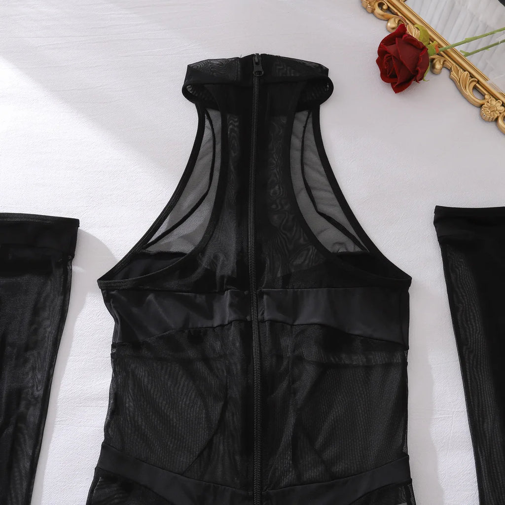 Transparente erotische schwarze Spitze Dessous Set – Sexy durchsichtiges Kleid mit langen Ärmeln und Schlitzen für Damen