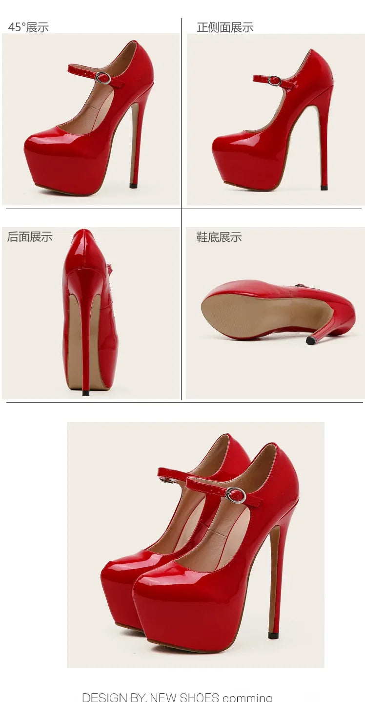 Superhohe High Heels 17 cm für Damen - Plateau-Pumps aus schwarzem und rotem Lackleder, Frühling Herbst