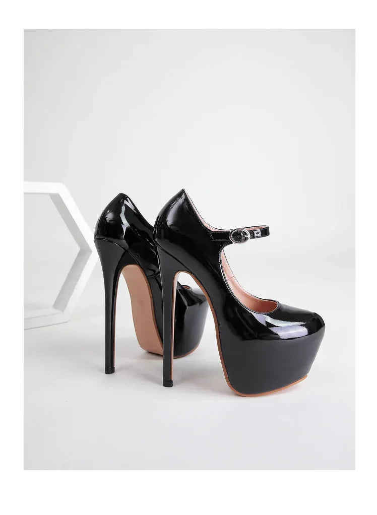 Superhohe High Heels 17 cm für Damen - Plateau-Pumps aus schwarzem und rotem Lackleder, Frühling Herbst