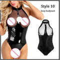 Erotischer Body aus PU-Leder und schwarzer Spitze - Sexy Dessous mit Trägern und Cut-outs für Damen