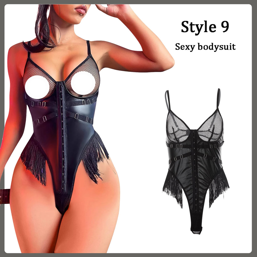 Damen PU-Leder-Bodysuit Erotische Dessous Reizwäsche mit Spitze Babydoll