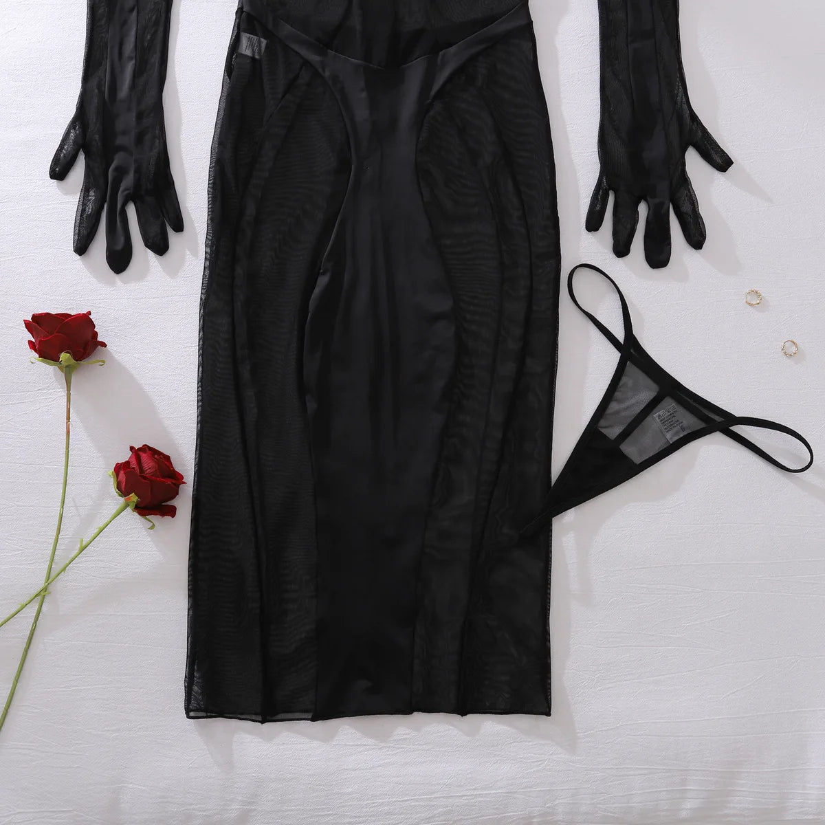 Transparente erotische schwarze Spitze Dessous Set – Sexy durchsichtiges Kleid mit langen Ärmeln und Schlitzen für Damen