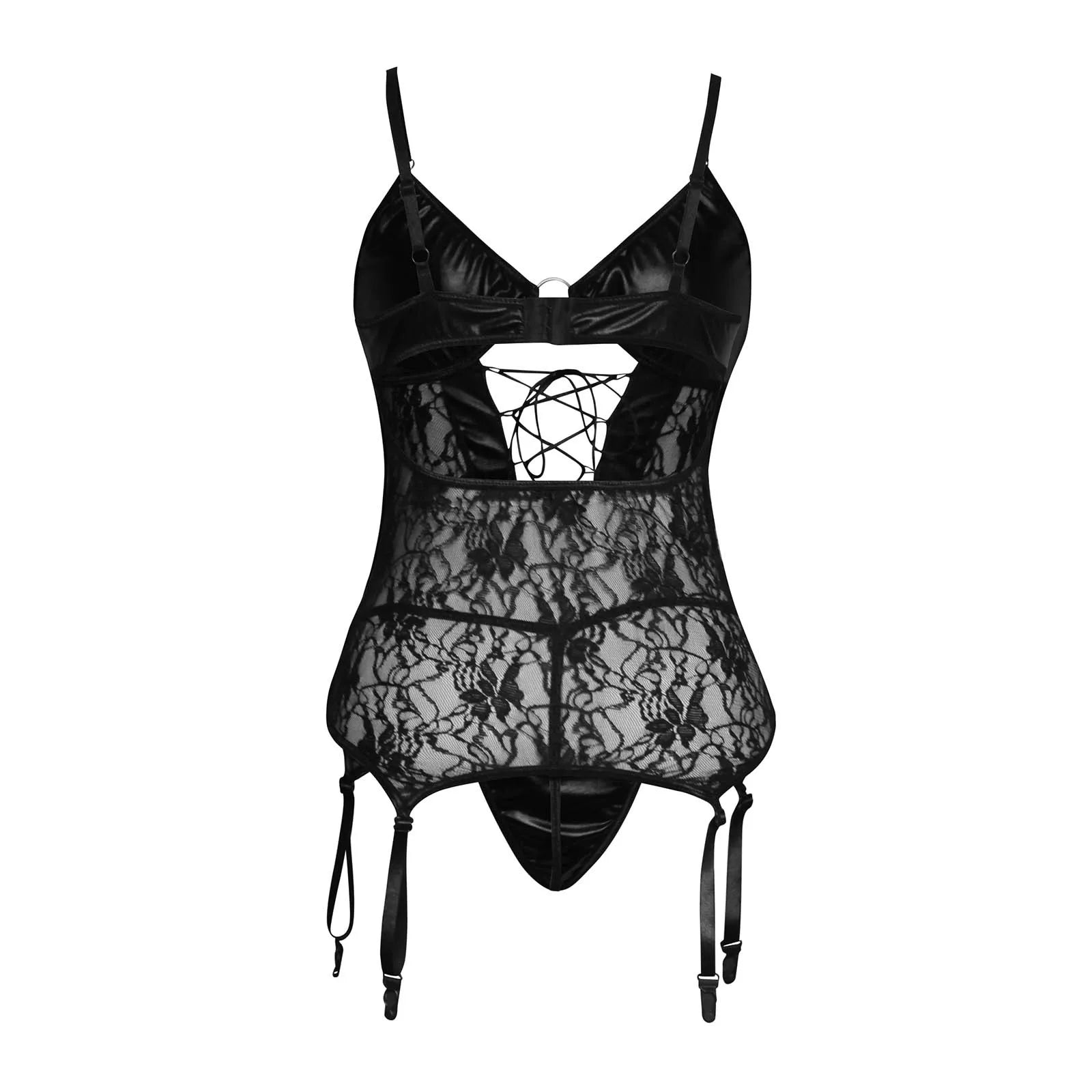 Erotischer Body aus PU-Leder und schwarzer Spitze - Sexy Dessous mit Trägern und Cut-outs für Damen