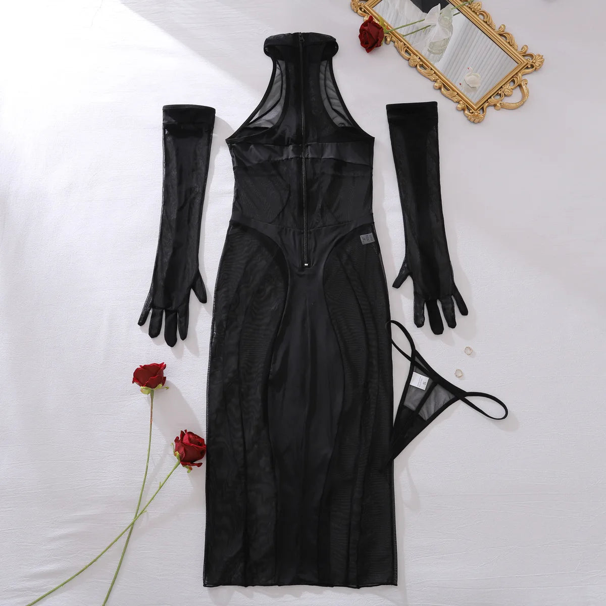 Transparente erotische schwarze Spitze Dessous Set – Sexy durchsichtiges Kleid mit langen Ärmeln und Schlitzen für Damen