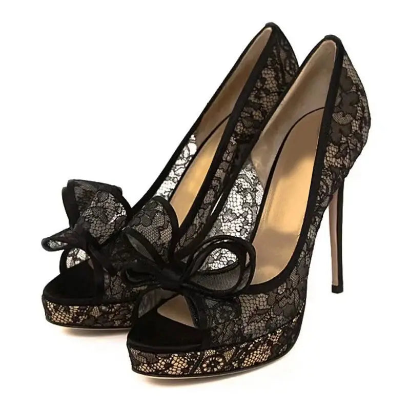 Sexy schwarze Spitzen-Peep-Toe-Sandalen für Damen – Sommer 2025, atmungsaktives Mesh, Schmetterlingsschleife und High Heels