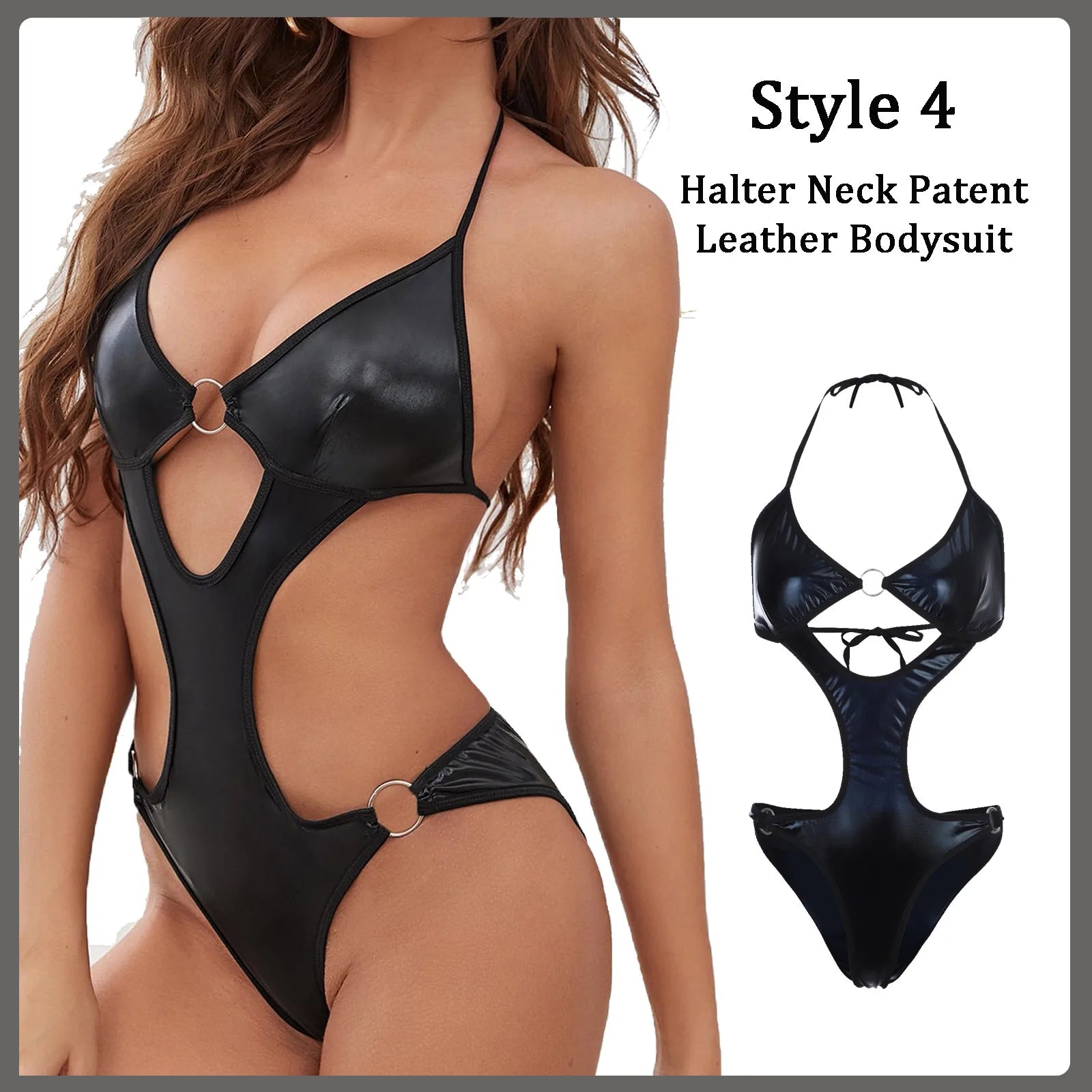 Erotischer Body aus PU-Leder und schwarzer Spitze - Sexy Dessous mit Trägern und Cut-outs für Damen