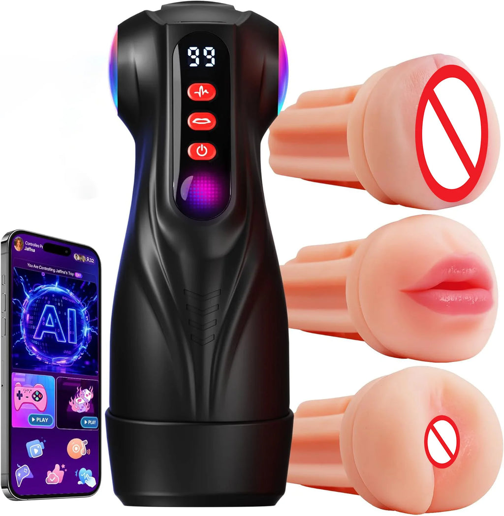 Masturbador Masculino Inteligente con App AI - 3 Fundas Realistas, 9 Modos de Succión y Vibración