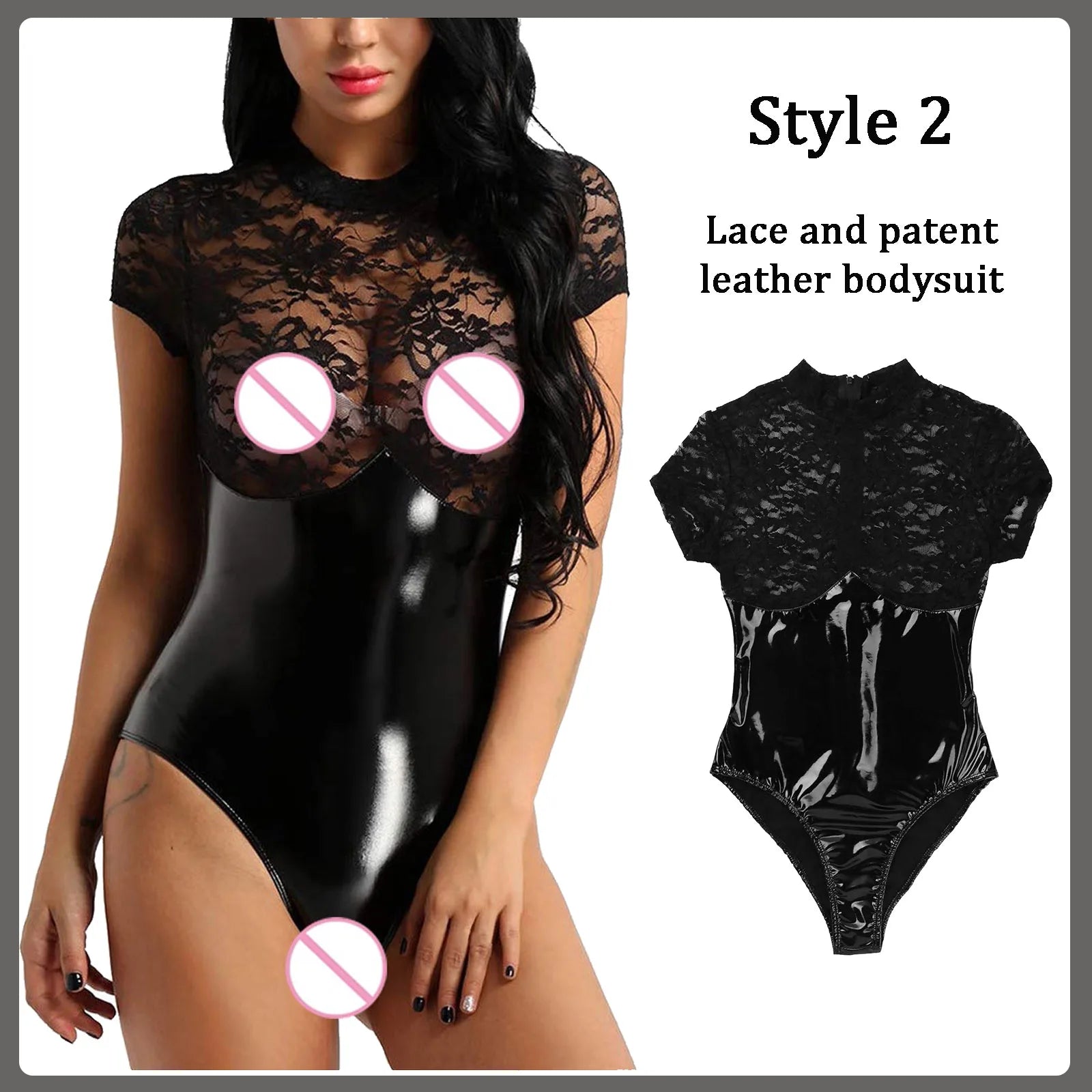 Erotischer Body aus PU-Leder und schwarzer Spitze - Sexy Dessous mit Trägern und Cut-outs für Damen