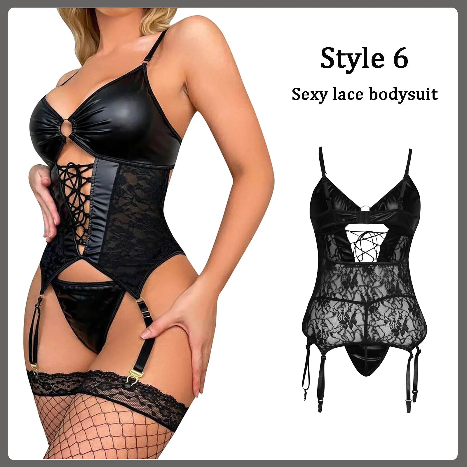 Erotischer Body aus PU-Leder und schwarzer Spitze - Sexy Dessous mit Trägern und Cut-outs für Damen