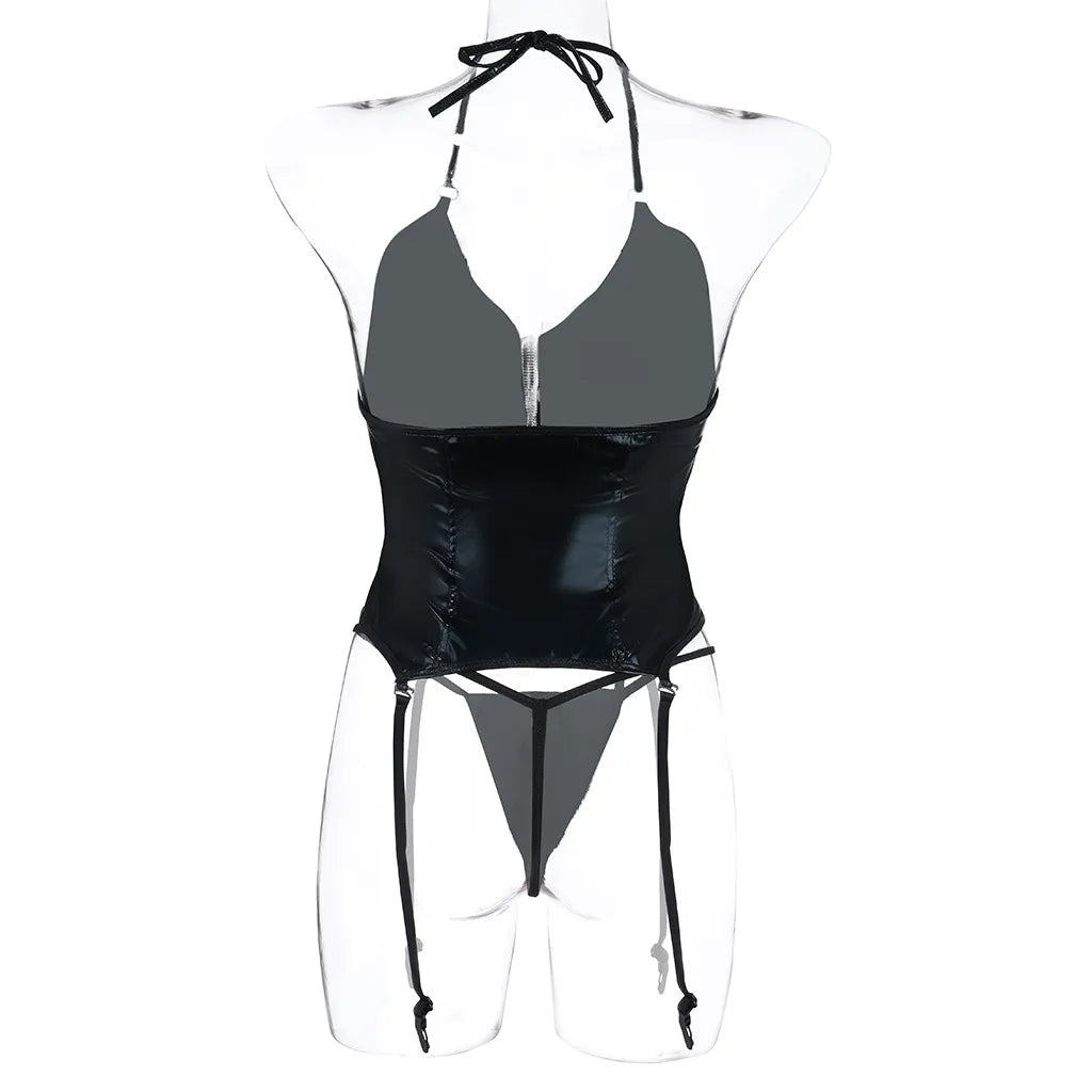 Erotischer Body aus PU-Leder und schwarzer Spitze - Sexy Dessous mit Trägern und Cut-outs für Damen