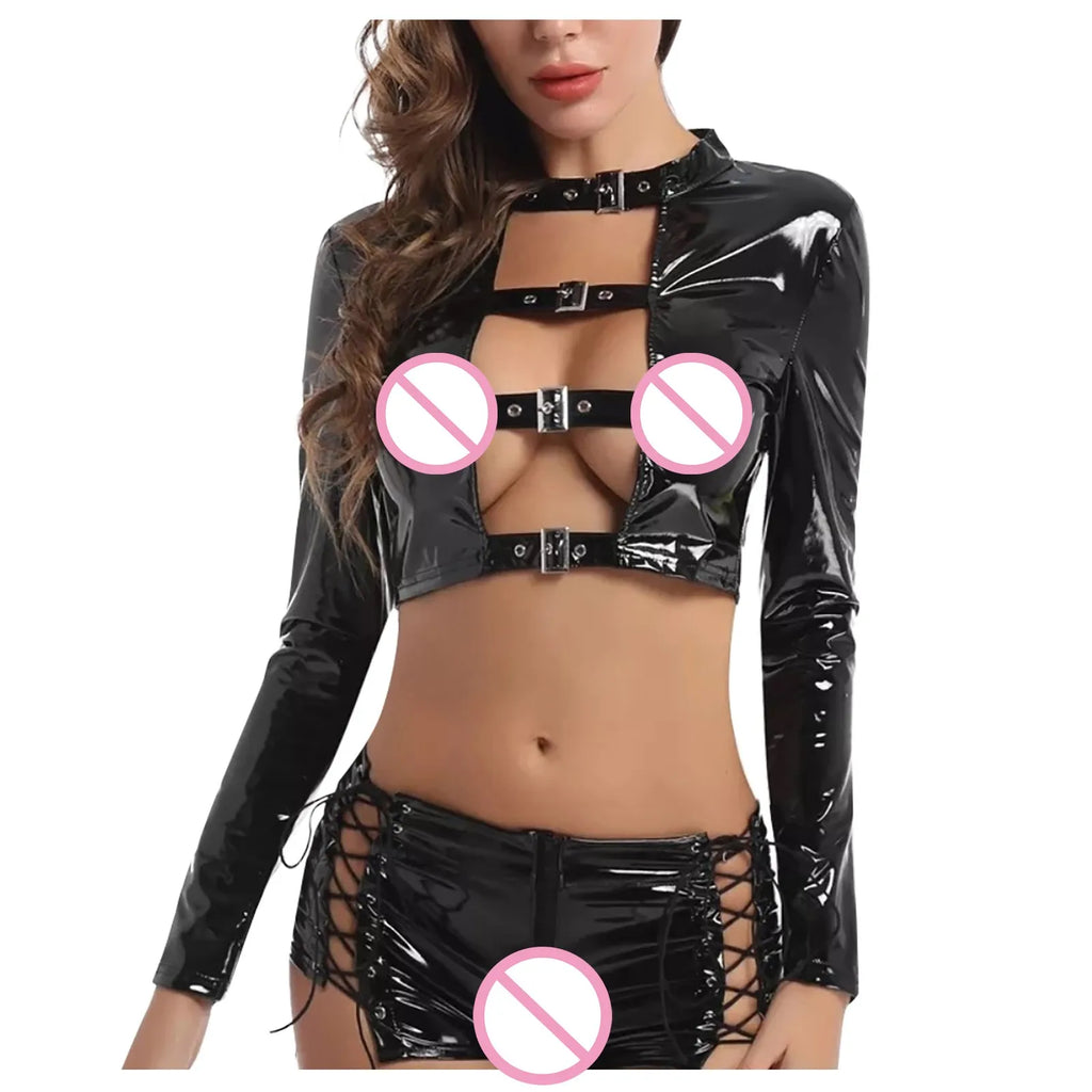 Erotischer Body aus PU-Leder und schwarzer Spitze - Sexy Dessous mit Trägern und Cut-outs für Damen