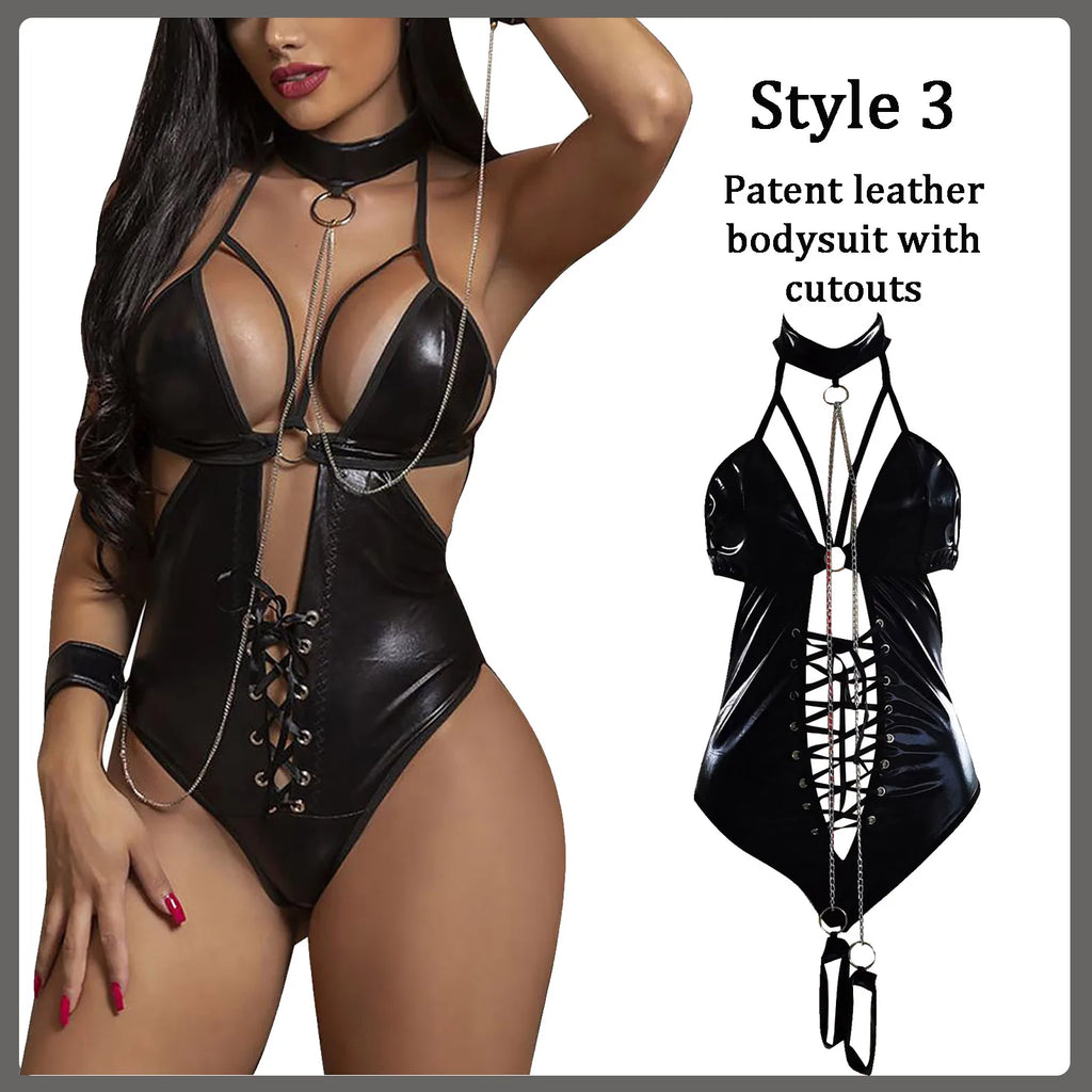 Erotischer Body aus PU-Leder und schwarzer Spitze - Sexy Dessous mit Trägern und Cut-outs für Damen