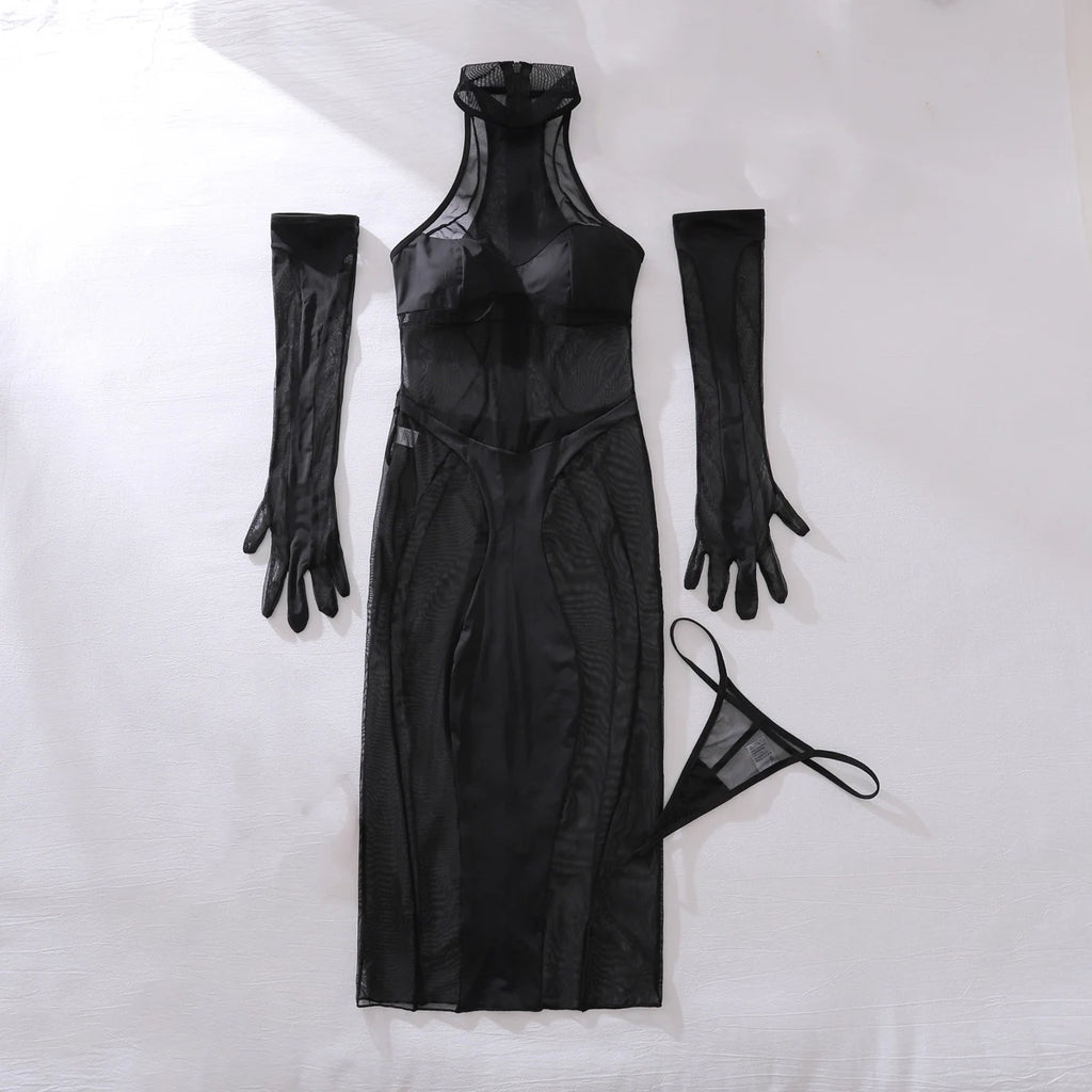 Transparente erotische schwarze Spitze Dessous Set – Sexy durchsichtiges Kleid mit langen Ärmeln und Schlitzen für Damen