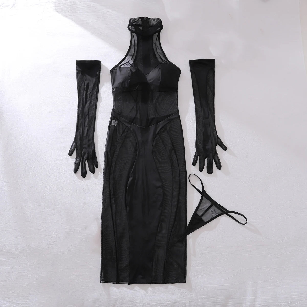 Transparente erotische schwarze Spitze Dessous Set – Sexy durchsichtiges Kleid mit langen Ärmeln und Schlitzen für Damen