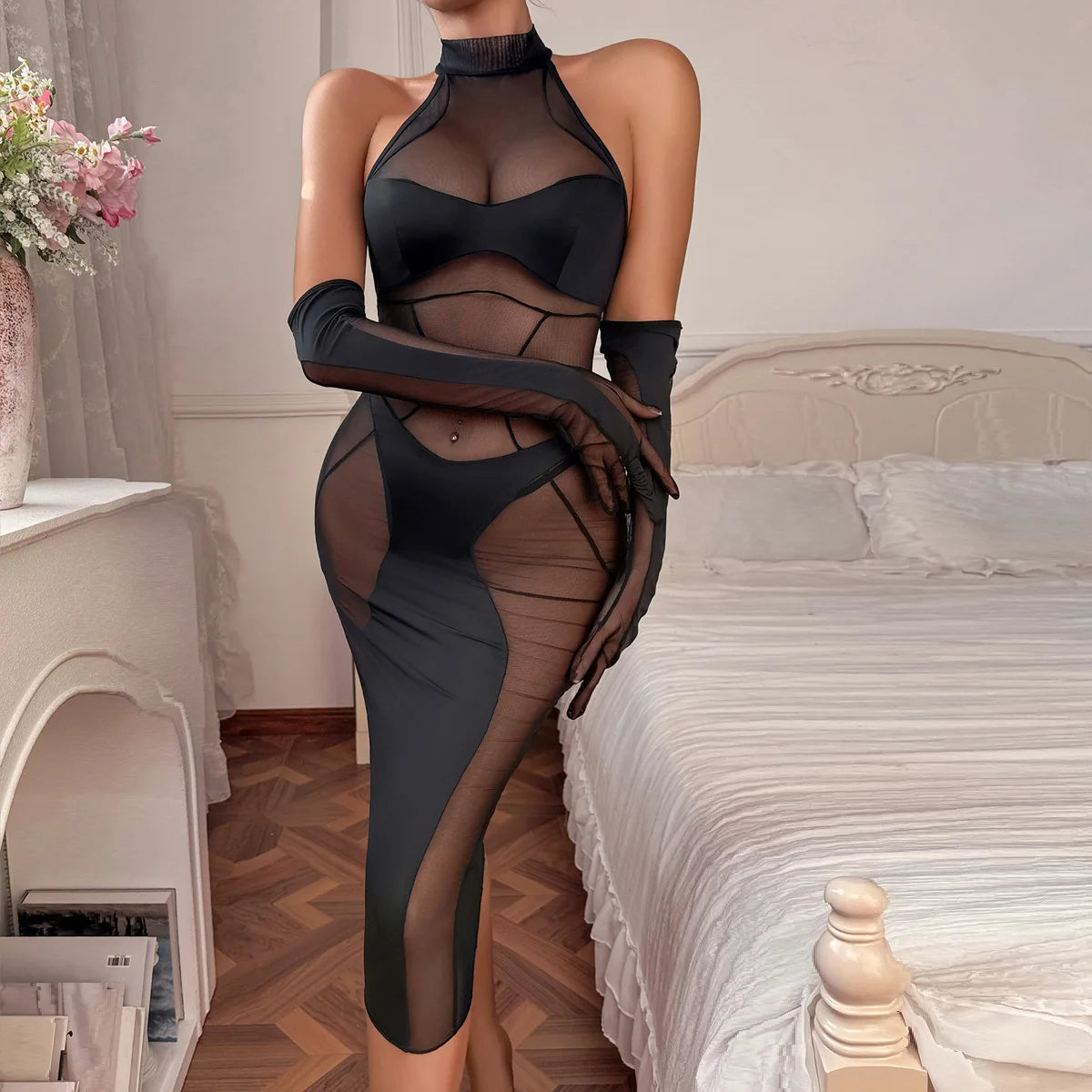 Transparente erotische schwarze Spitze Dessous Set – Sexy durchsichtiges Kleid mit langen Ärmeln und Schlitzen für Damen