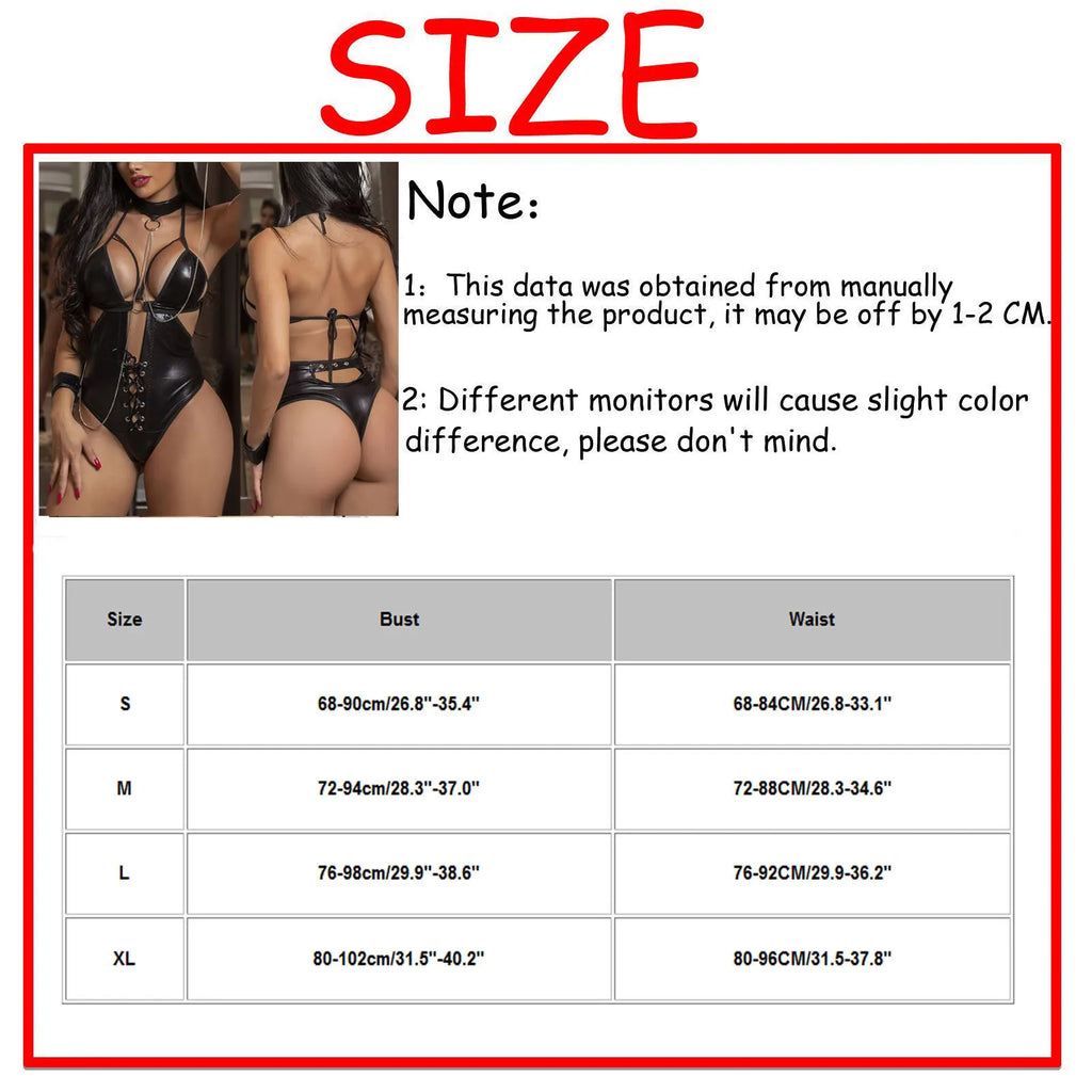 Erotischer Body aus PU-Leder und schwarzer Spitze - Sexy Dessous mit Trägern und Cut-outs für Damen