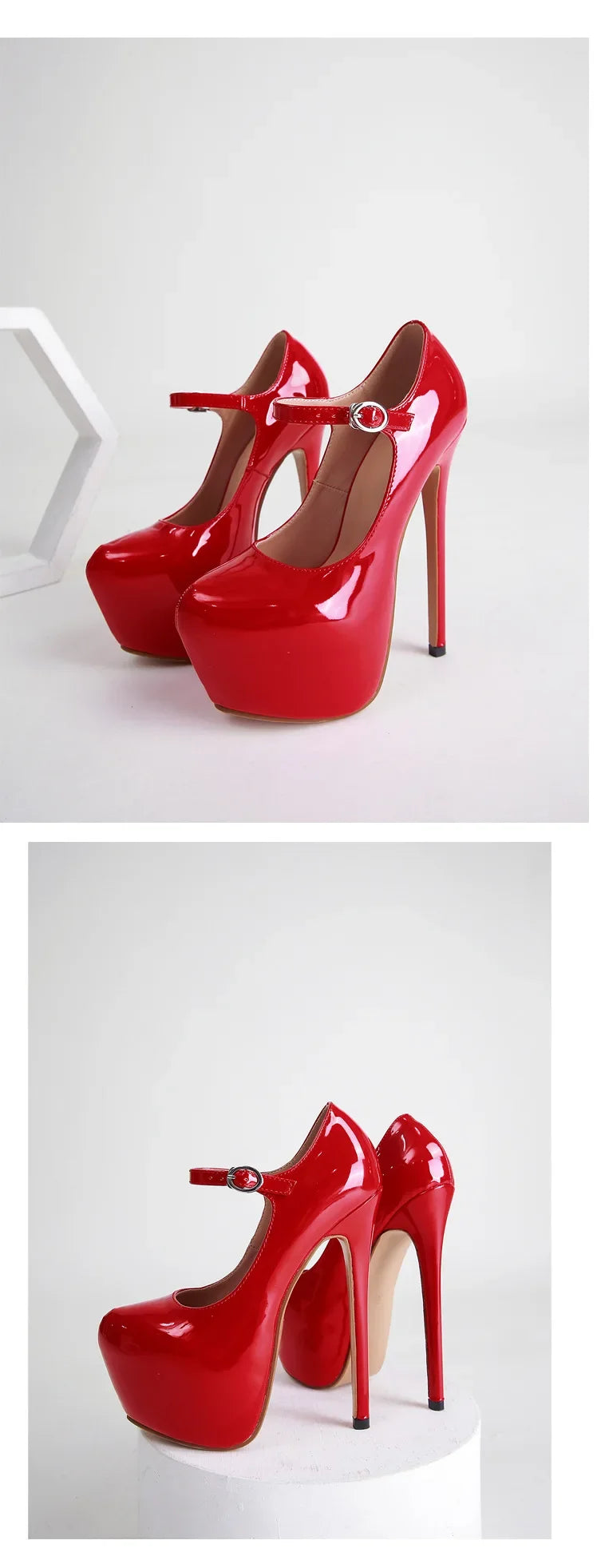 Superhohe High Heels 17 cm für Damen - Plateau-Pumps aus schwarzem und rotem Lackleder, Frühling Herbst
