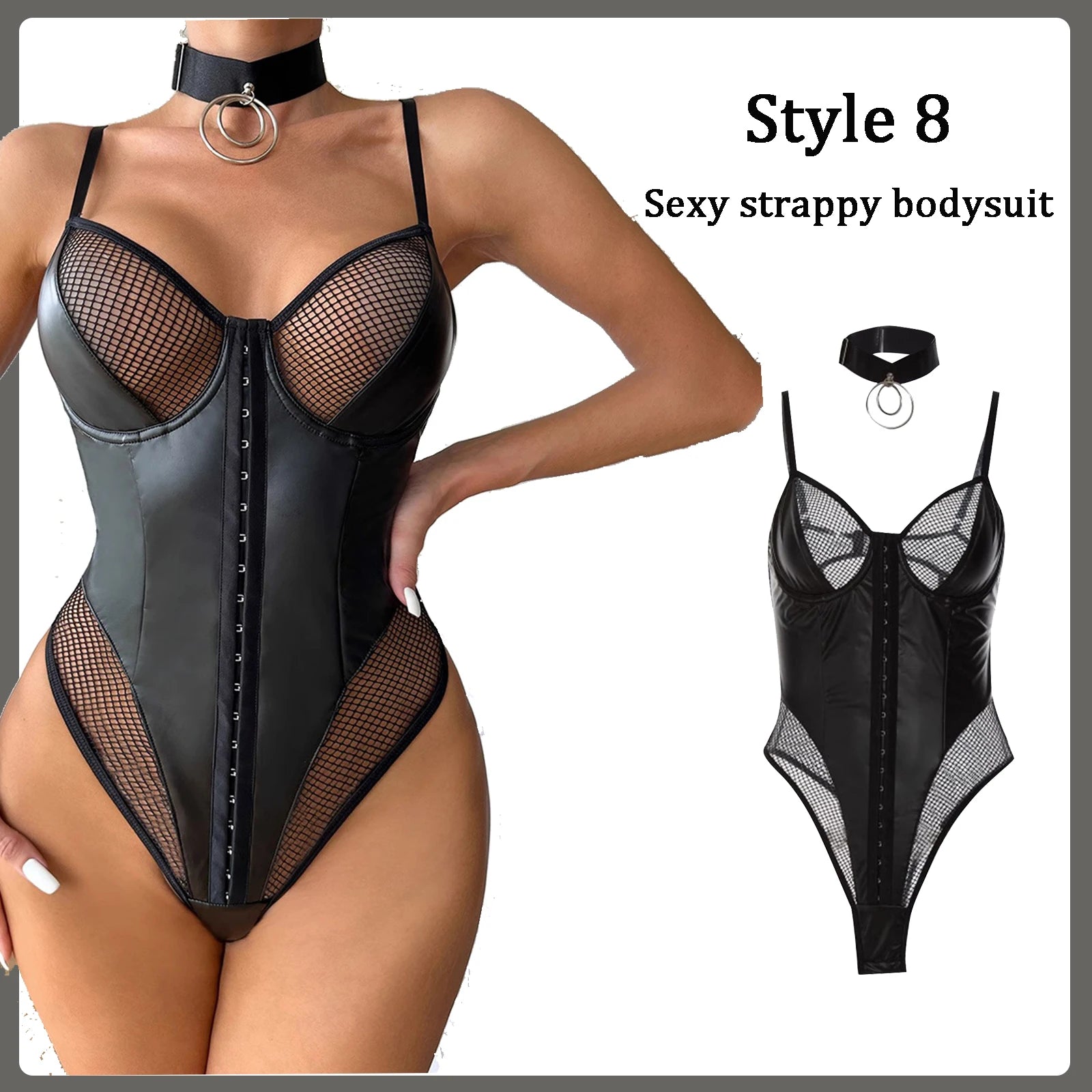 Erotischer Body aus PU-Leder und schwarzer Spitze - Sexy Dessous mit Trägern und Cut-outs für Damen