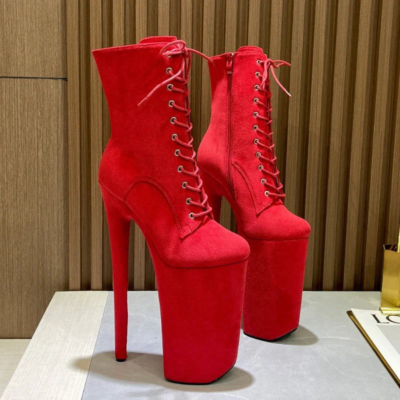 Sexy Stiefeletten für Damen – Super hohe Stilettoabsätze 26 cm, Plateau, runde Spitze und Schnürung