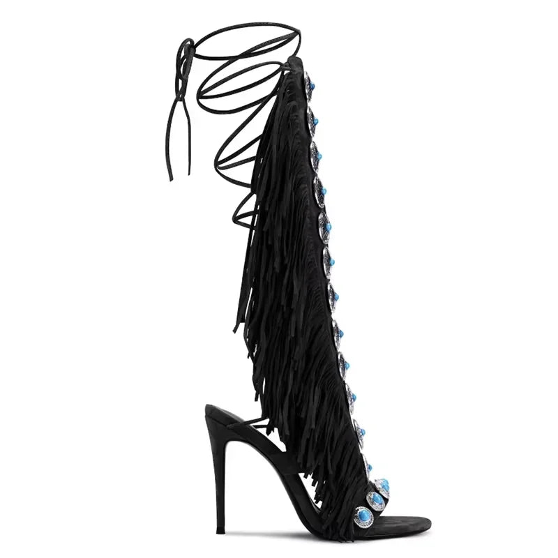 Sexy High Heels Sandalen mit kniehoher Schnürung - Peeptoe Stiletto High Heels für Damen Sommer 2026