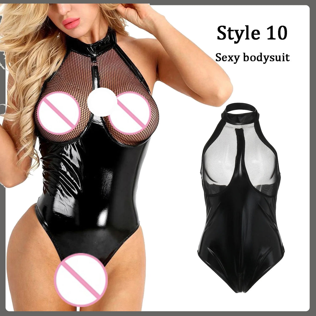 Damen PU-Leder-Bodysuit Erotische Dessous Reizwäsche mit Spitze Babydoll