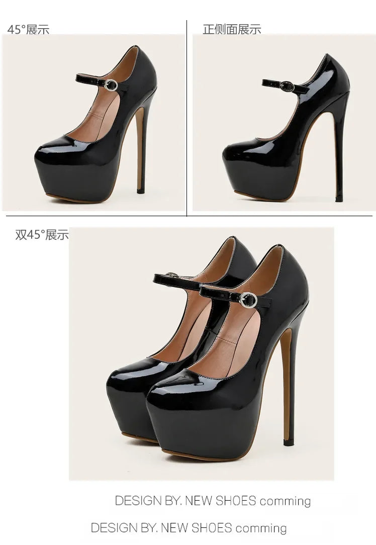 Superhohe High Heels 17 cm für Damen - Plateau-Pumps aus schwarzem und rotem Lackleder, Frühling Herbst