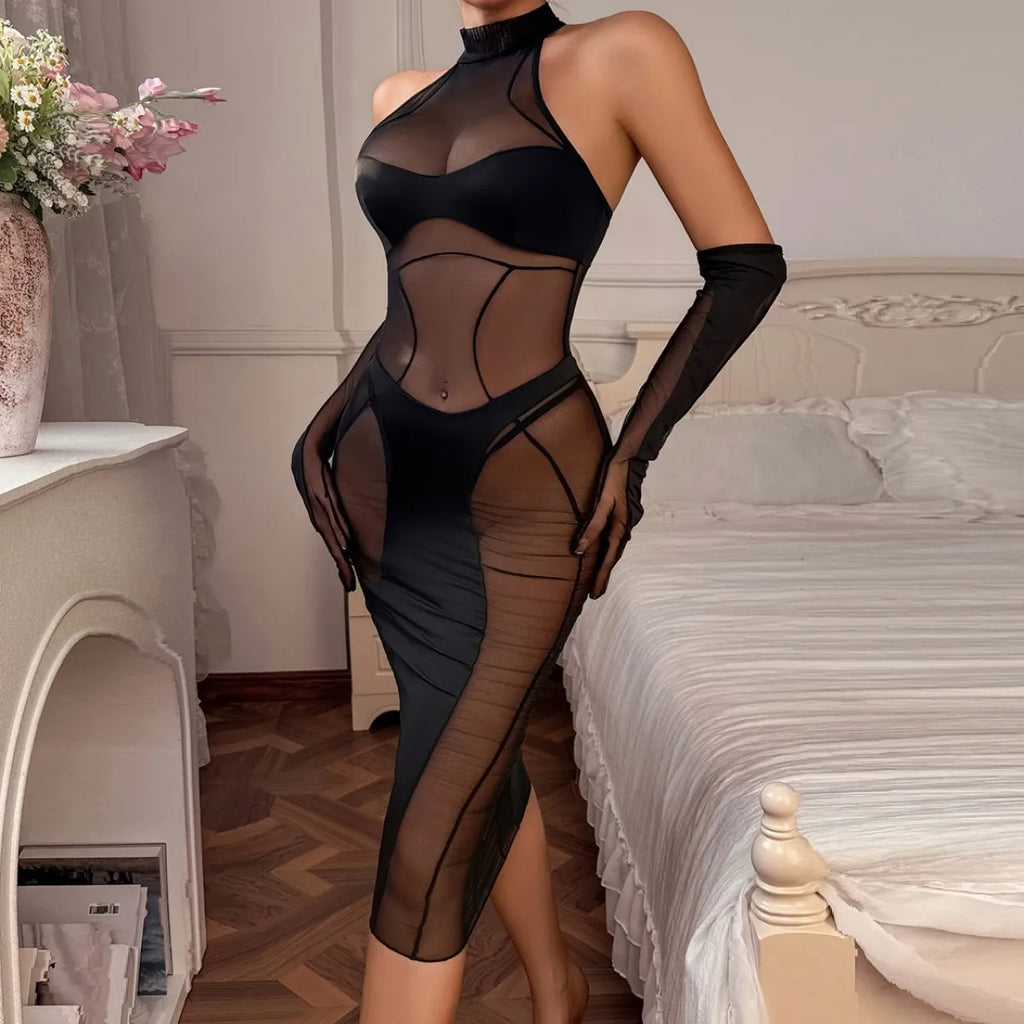 Sexy Erotisches Dessous Set für Damen - Transparent mit Spitze und Handschuhen